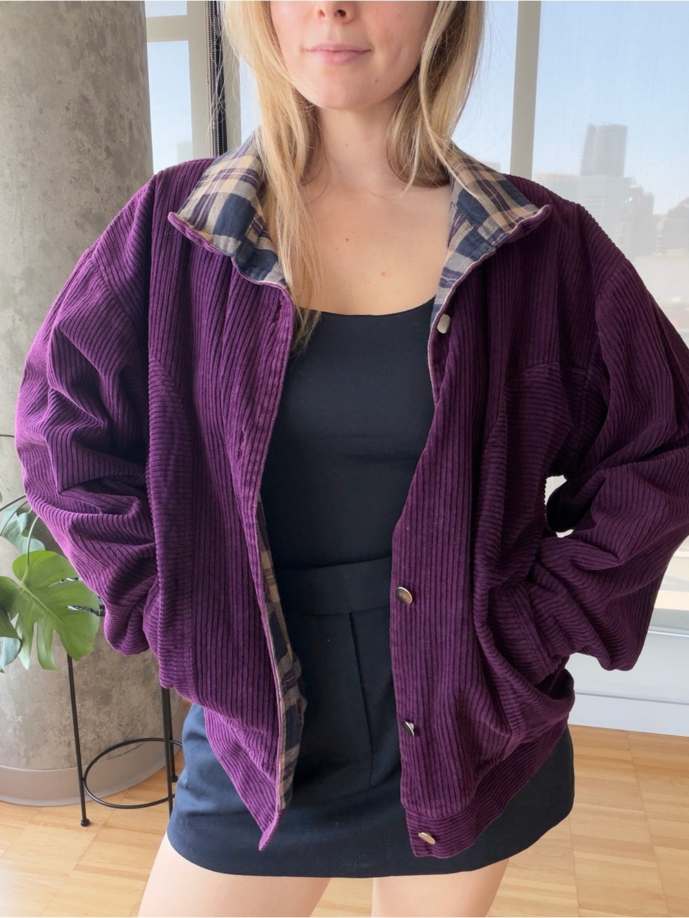 Corduroy Bomber Jacket in Plum with Plaid Collar